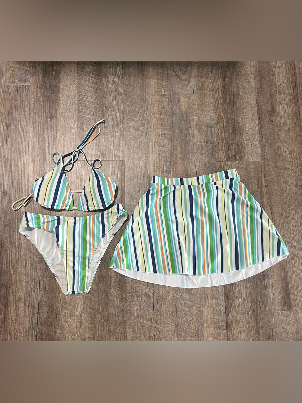 Striped Green and Blue Women’s Bikini Set with Skirt